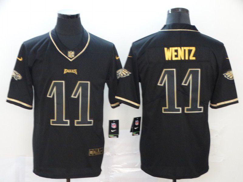 Men Philadelphia Eagles #11 Wentz Black Retro gold character Nike NFL Jerseys